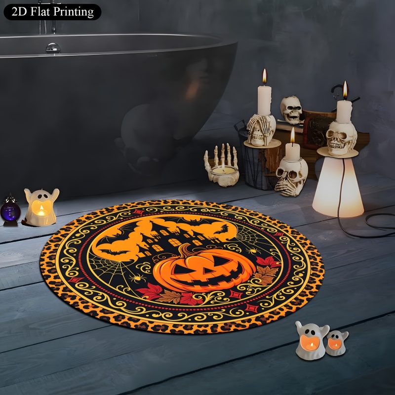 Commercial Printing House - ヒョウ柄のパンプキンお化け屋敷ハロウィン円形ラグ、コウモリとカエデの葉柄の円形フロアマット、ホリデー室内装飾