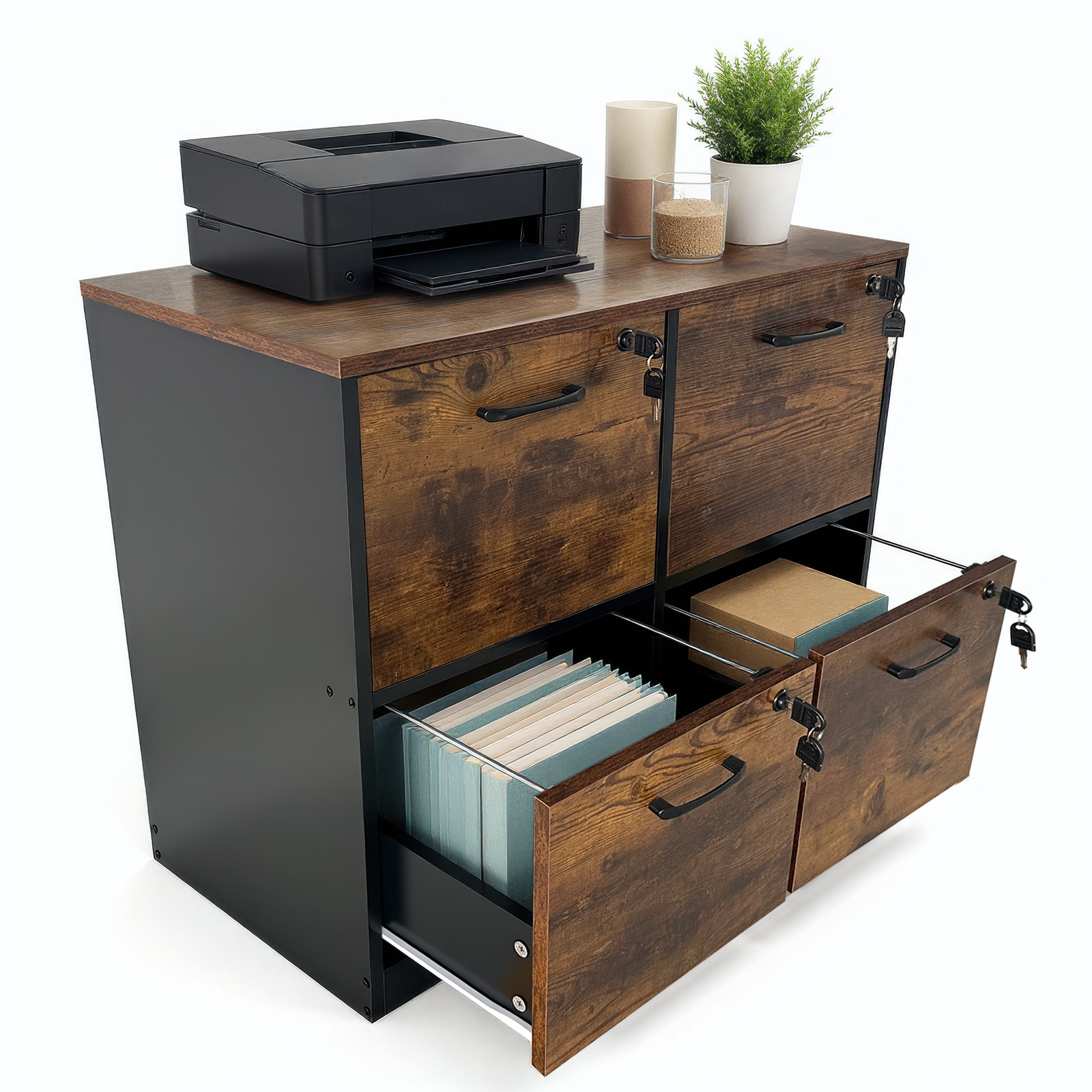 Commercial Printer - 鍵付き4段引き出しファイルキャビネット。木製で、家庭用オフィスやプリンター台として使用可能。A4サイズの書類を収納できる、鍵付きのファイルキャビネット。ラスティックブラウンとブラック。