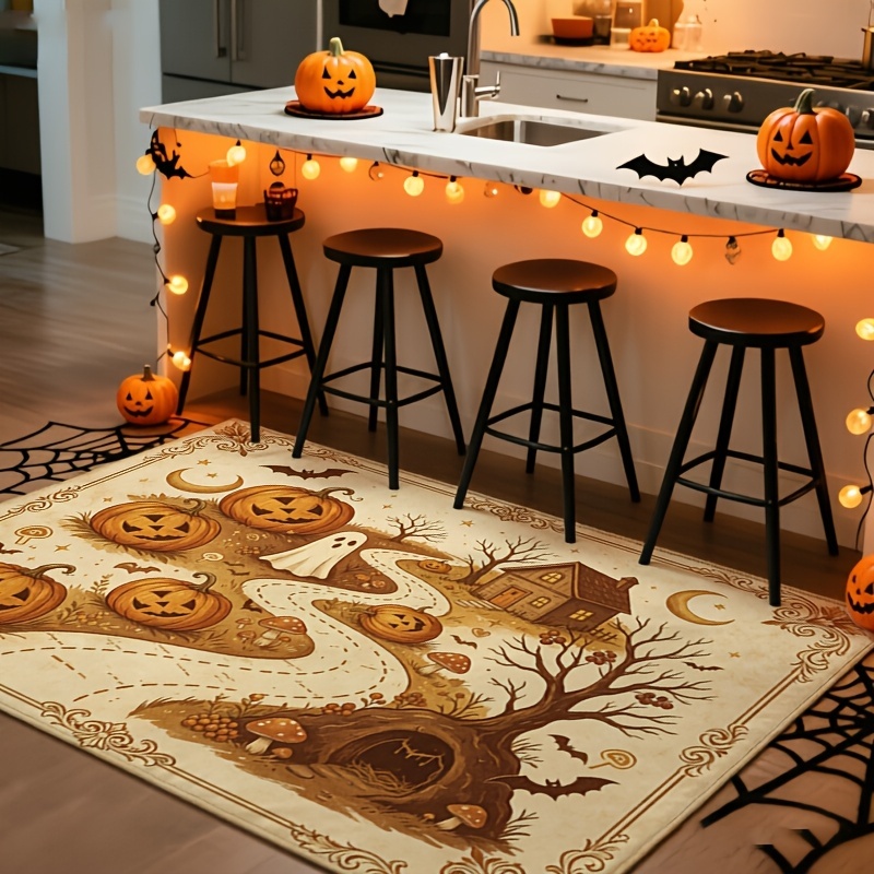 Commercial Printing House - ヴィンテージマップスタイルのハロウィン長方形エリアラグ、カボチャ、ゴースト、コウモリ、魔女の家柄のフロアカーペット、不気味なキッチン装飾