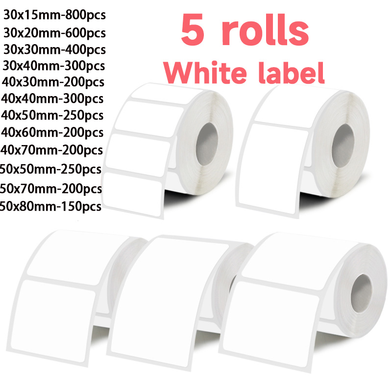 Commercial Printer - ホワイトラベルステッカー5ロール、幅30mm/40mm/50mm、M110/M221/M220/M120/M200/などポータブルハンドヘルドサーマルラベルプリンターと互換性あり、オフィス、ビジネス、家庭でのラベル付けに広く使用されています。
