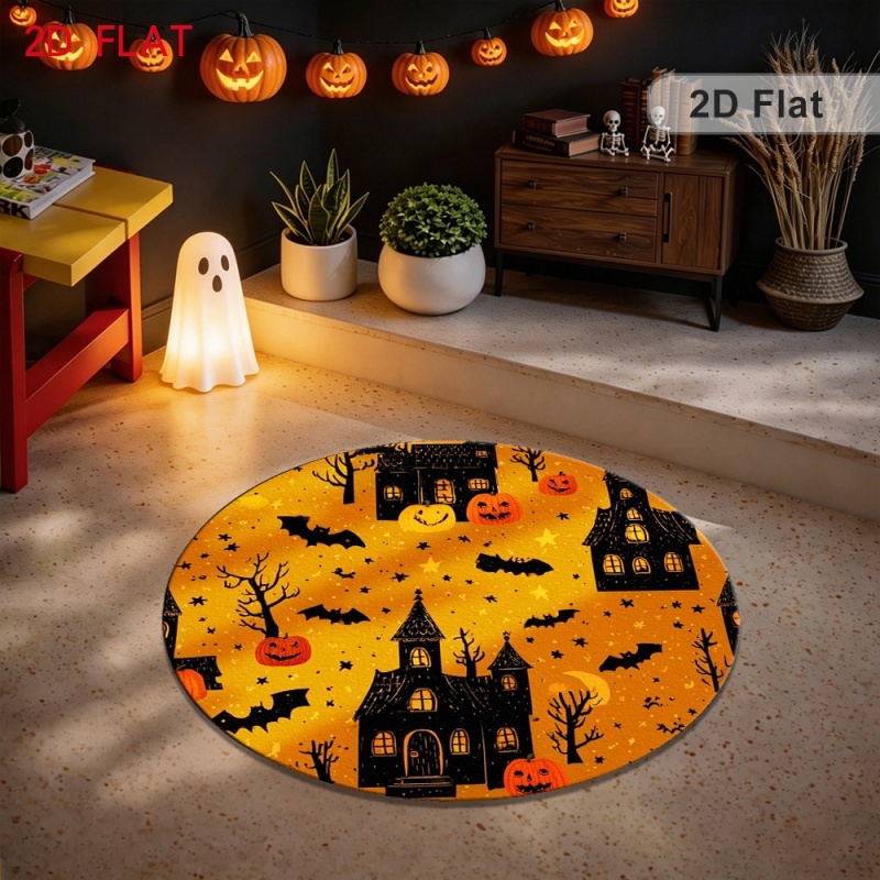 Commercial Printing House - ハロウィンお化け屋敷 パンプキンバット ラウンドラグ、不気味なプリントのフロアマット、室内リビングルーム寝室用ホームデコレーションカーペット