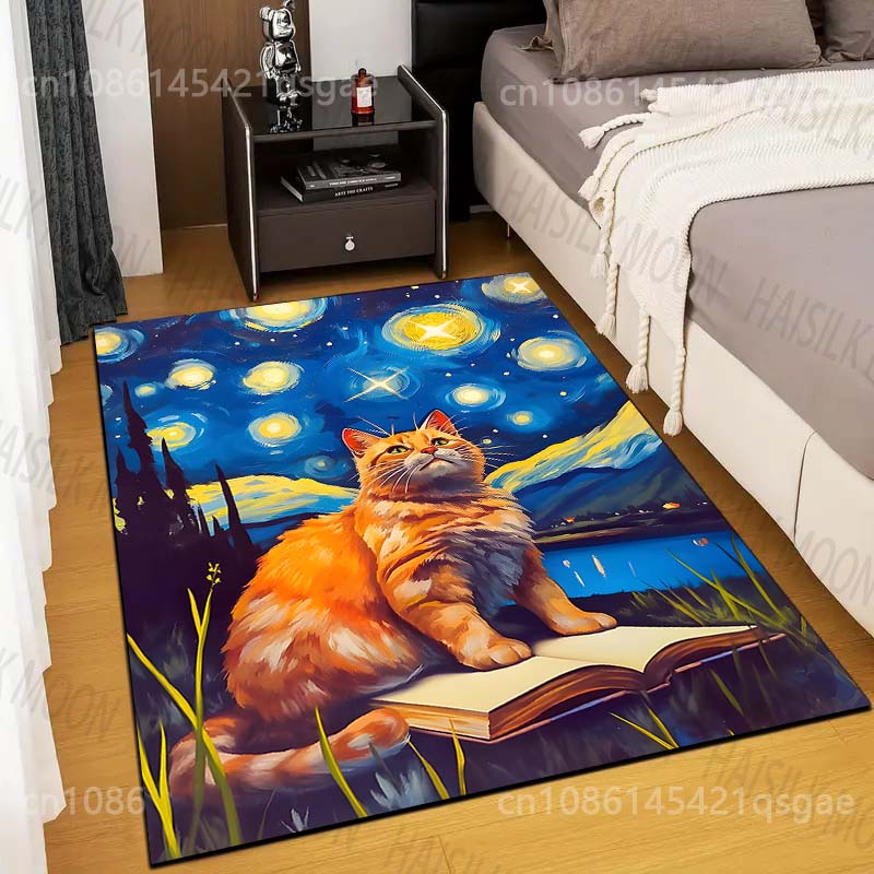 Commercial Book Printing Machines - 星空の下で本を読む猫のプリントカーペット、リビングルーム、寝室、ソファ、玄関マット、家の装飾、滑り止めフロアマット（1枚）