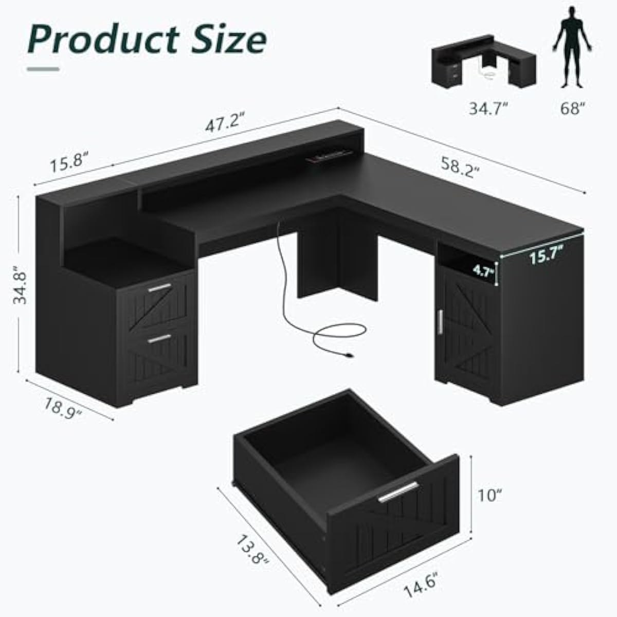 63インチのL字型モダンデスク。USBポートとACコンセント - Commercial Printer のレビューと価格