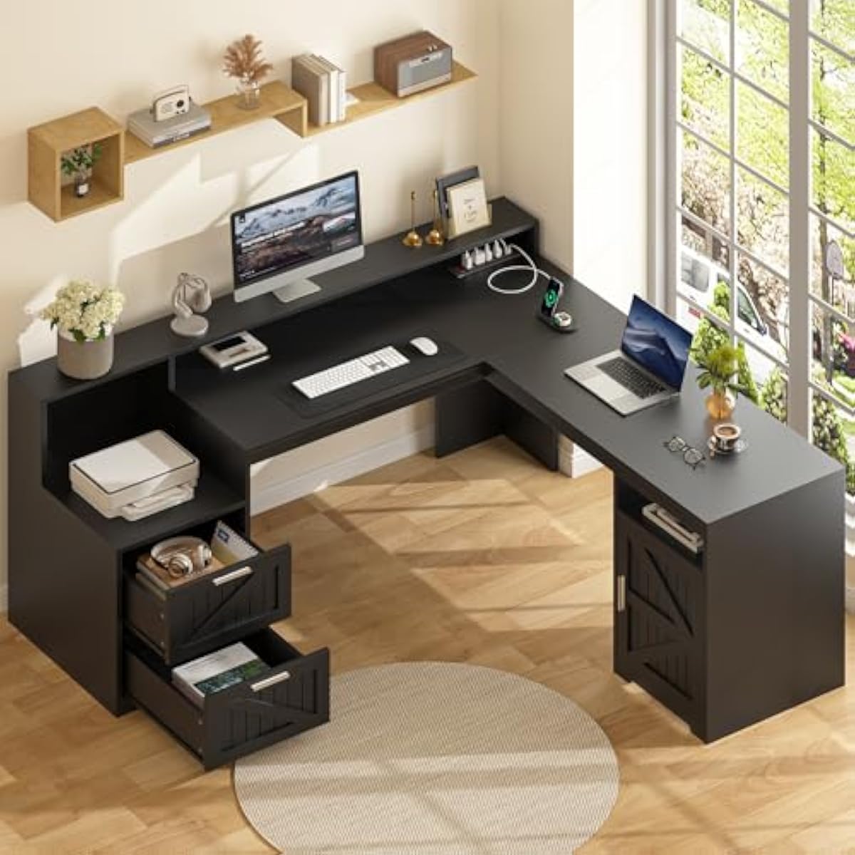 63インチのL字型モダンデスク。USBポートとACコンセント - Commercial Printer のレビューと価格